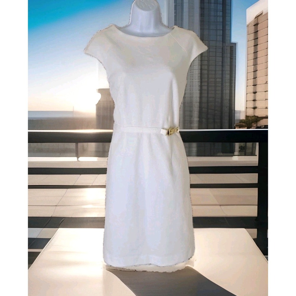 Jennifer Lopez Dress 12 Cream Sheath Gold Hardware Knee Length Zipper Stretchy